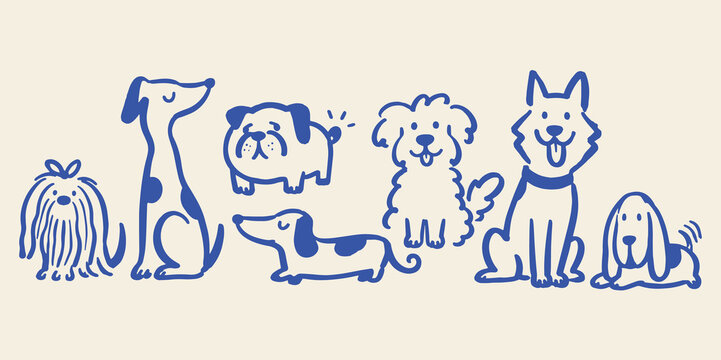 Dog Breeds Blue Brush Doodle Set Vector Illustration