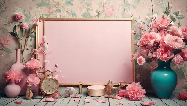 Elegant Still Life with Roses: A serene composition featuring a vintage-style clock, cosmetic items, and a prominent empty frame surrounded by abundant pink roses and floral wallpaper.
