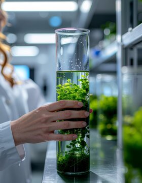 Scientist Examining Aquatic Plant Growth in Test Tube: A close-up shot of a scientist's hand holding a test tube filled with a vibrant green aquatic plant.