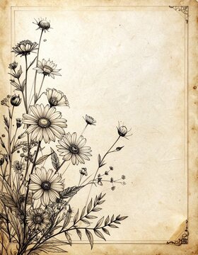Vintage Daisy Border: A delicate sketch of daisies and wildflowers adorns the corner of a textured, aged paper, evoking a sense of timeless beauty and natural elegance.