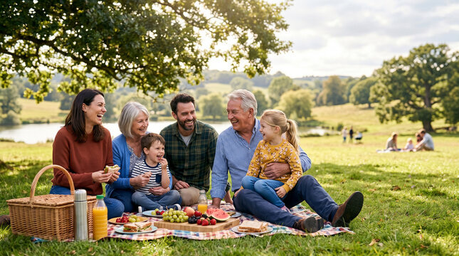 Generations Together: A joyful multi-generational family enjoys a sun-drenched picnic in a scenic park, sharing laughter and a delicious spread of food by a tranquil lake.