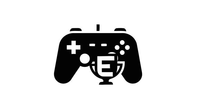 A black gaming controller with a trophy and letter icon on a white background