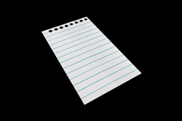 Notebook paper page isolated on black JPEG background, lying on a shelf. © vovan