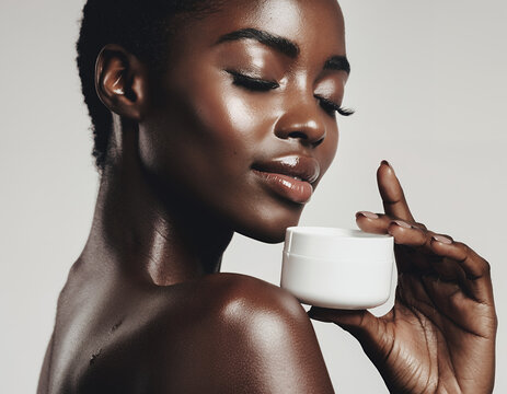 Elegant woman with radiant dark skin holding a luxury moisturizer container