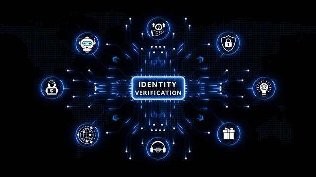 Identity verification technology dashboard showcasing intelligent digital authentication, connected security networks, automated access validation and futuristic cyber protection systems 