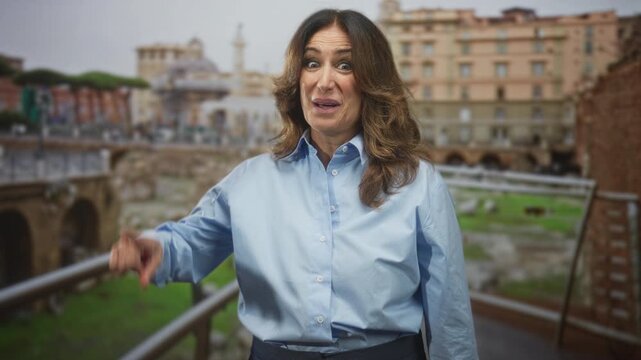 Woman in blue shirt points finger upward on building walkway near ancient ruins and metal railing; amusement travel memory.