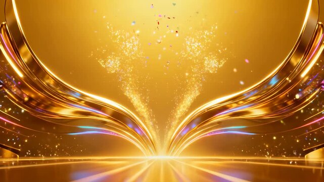 Elegant Golden Abstract Background with Glowing Curves and Shimmering Particle Light for Award Ceremony