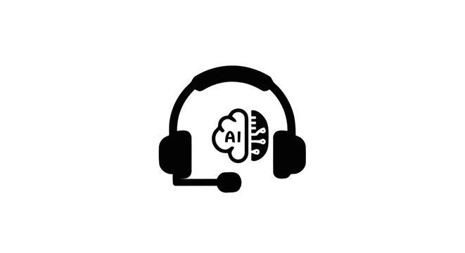 A black headset with a microphone and AI brain icons, symbolizing technology and communication.