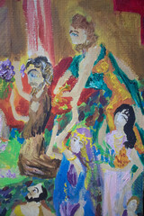 Fototapeta premium Ancient faithful people closeup painting. Figurative, imaginative brush strokes on oil canvas texture.