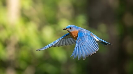 Obraz premium Eastern Bluebird in Flight with Blurred Green Background