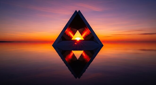 Glowing triangle structure reflecting on night water.