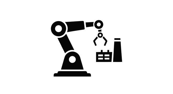 A robotic arm picks up a factory crate next to a bottle in an industrial scene.