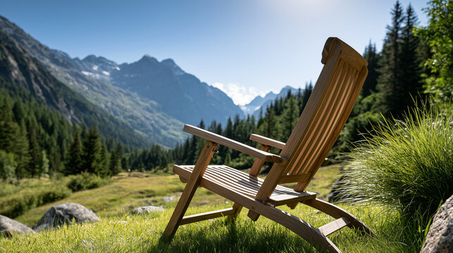 Empty wooden deck chair stands on a lush green meadow overlooking a breathtaking mountain valley under a clear blue sky.