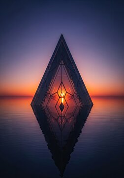 Intricate geometric triangle reflecting at dusk.