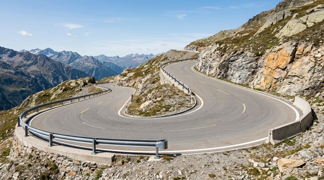 Winding asphalt road with a sharp switchback curve in the mountains. Alpine highway with metal guardrails and rocky slopes under a clear blue sky