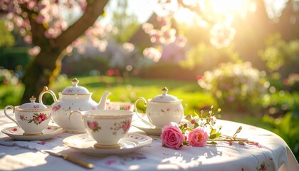 Fototapeta premium Elegant spring tea party setup with fine china on a garden table outdoors