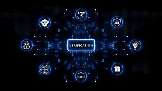 Verification technology dashboard presenting intelligent digital validation, secure enterprise systems, connected data networks and futuristic authentication analytics on dark blue background