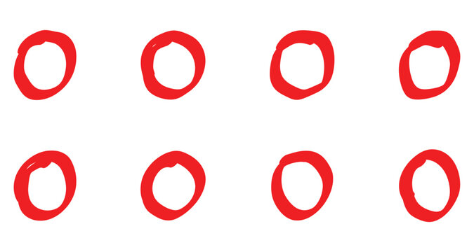 Modern red doodle circle icons. Bold thick bubble round circle icons on white page. Doodle vignetting oval circle icons set on white background. EPS 10. 