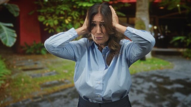 Middle age hispanic woman covers ears with hands and presses palms to head, wearing blue button shirt outside near a building entrance; anxiety worry.