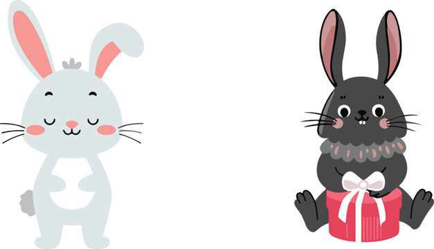 Cute Rabbit Character Vector Set Featuring a Standing Grey Bunny with Closed Eyes and a Sitting Black Hare Holding a Pink Gift Box