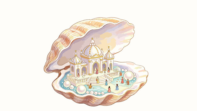 Watercolor illustration of a miniature pearl palace inside an open shell with tiny figures and