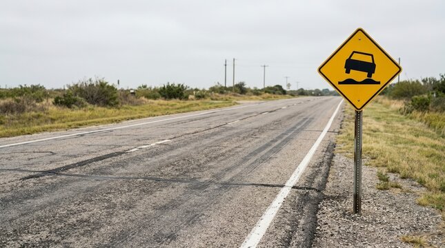 Yellow uneven pavement warning sign on the side of an asphalt road. Caution road sign indicating bumpy surface ahead