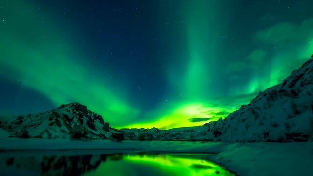Time-lapse aurora borealis over snowy mountain landscape. Northern lights dancing above frozen Arctic wilderness at night.