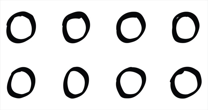 Bold and black freestyle doodle circle icons on white page. Modern round stroke bubble paint on white page. Hand-drawn vignetting rough doodle shape on white page. EPS 10. 