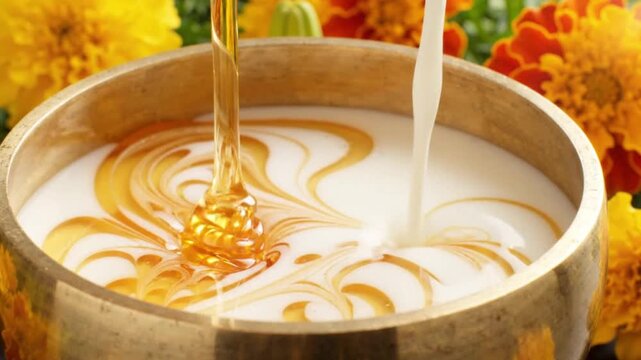 Honey and Milk Being Poured and Swirled in Bowl. 4K Video