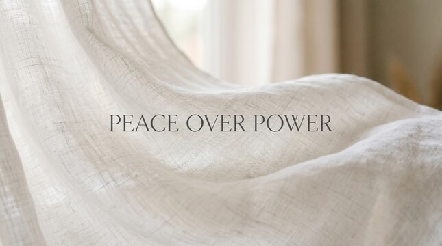 Peace over power text overlay on soft white linen fabric background