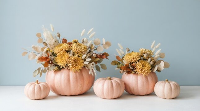Halloween decoration with pumpkins and autumn flowers in vases
