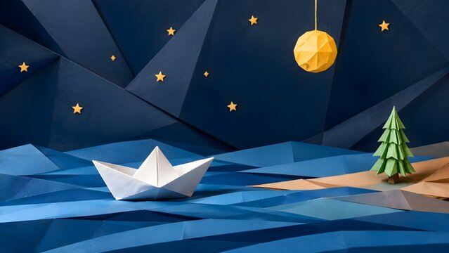 Minimalist papercraft scene with white origami boat floating on folded blue paper river
​Whimsical paper art landscape of a paper boat, a green pine tree, and a hanging yellow paper moon
​