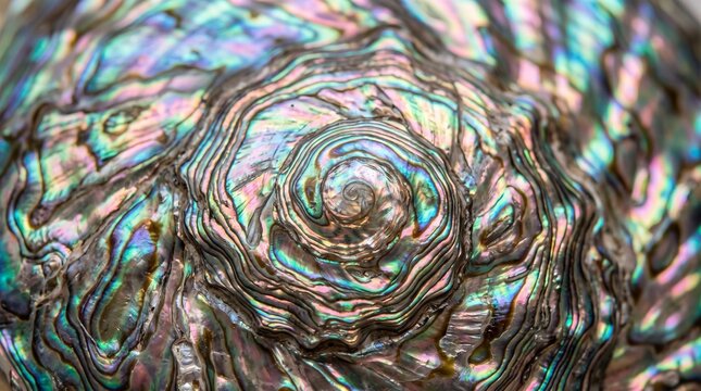 Macro close up of colorful iridescent abalone shell texture with swirling organic patterns