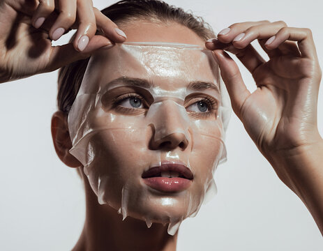 Young Woman Peeling Off Wet Sheet Mask During Facial Skin Care Routine