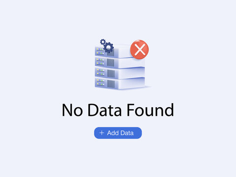 Modern no data found interface 3D illustration concept representing empty database, unavailable records and missing information. Ideal for SaaS platforms, dashboards, websites and digital products