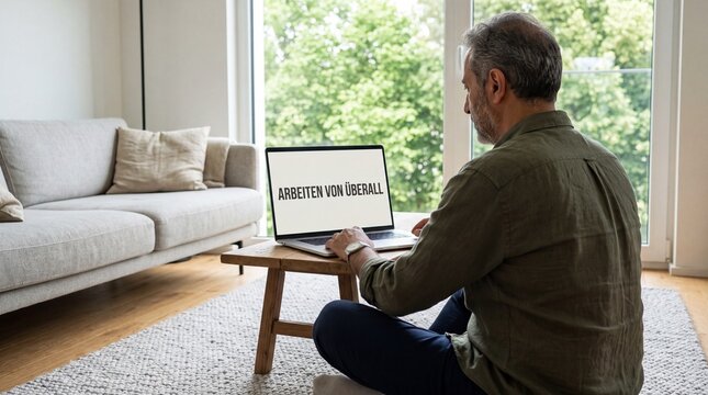 &Auml;lterer Mann sitzt im Wohnzimmer am Laptop mit dem Schriftzug Arbeiten von &uuml;berall