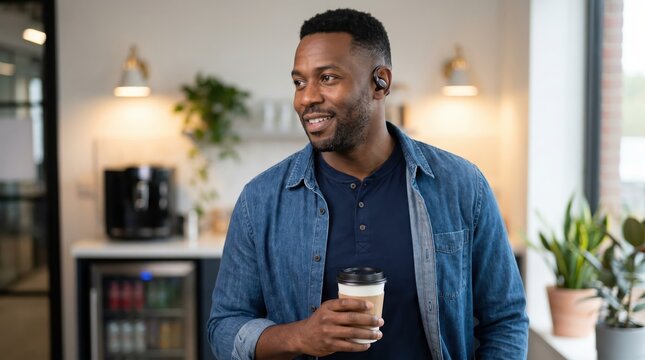 Generative AI, African American man wearing bluetooth earpiece holding coffee in modern office lounge