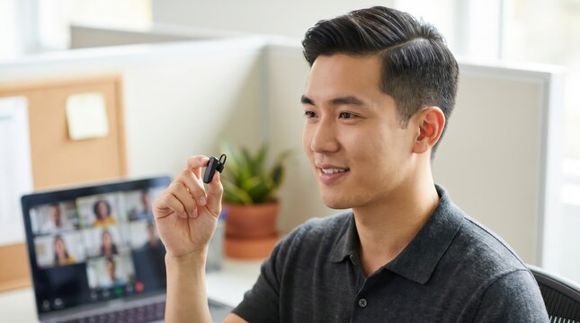 Generative AI, Young Asian man holding bluetooth headset during video conference call at office desk