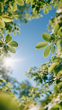 Sunlight shining through fresh green leaves against a clear blue sky, vertical photo capturing the beauty of spring nature and vibrant foliage