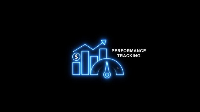 Performance tracking neon animation with financial growth chart and speedometer gauge business growth