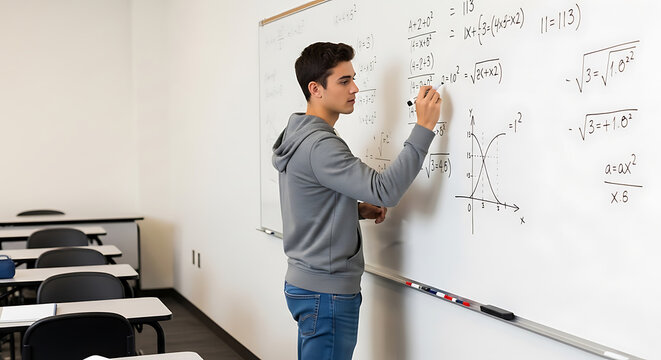 Young male student writing complex math formulas on whiteboard inside empty classroom