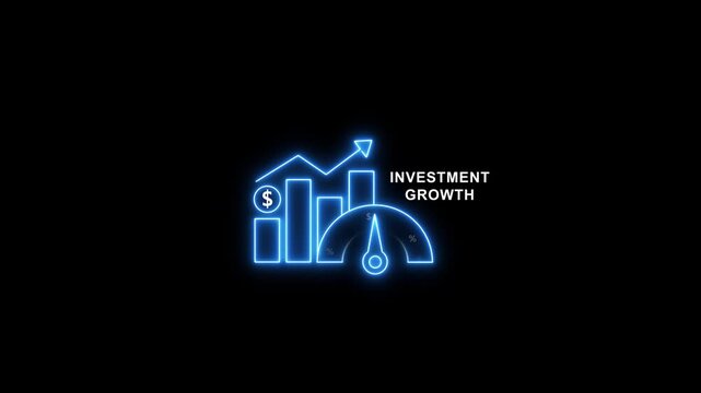 Neon investment growth bar chart and speedometer animation for financial success and business analytics