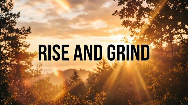 Rise and grind motivational quote on a beautiful sunrise background with sun rays shining through the trees