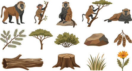 Detailed set of baboon monkeys in natural habitat with acacia trees, wooden logs, rocks and african savanna flora © MDSHAJAHAN