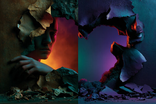 old and new divided abstract design, retro and futuristic split poster background with bold contrast, past versus future dual background with neon and vintage textures