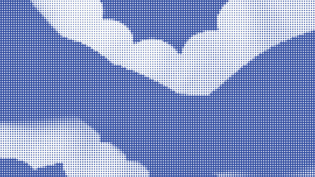 Abstract halftone pattern with blue dots and white wavy cloud shapes for modern designs.