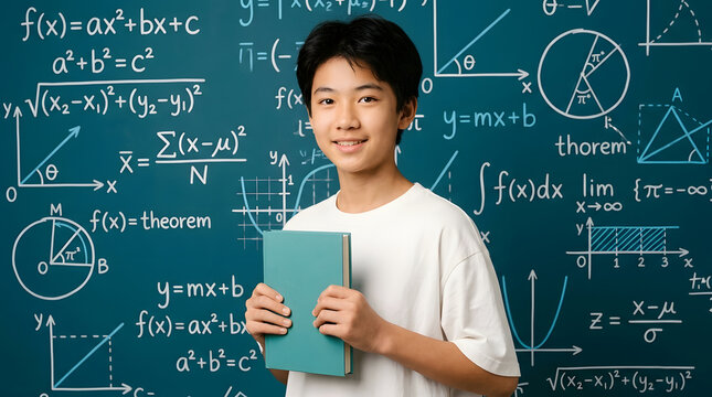 Teenage Boy Holding Book in Front of Math Blackboard