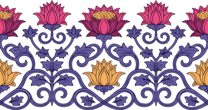 Create Generated on Traditional Sri Lankan lotus flower border vector. Seamless vibrant ornamental floral pattern vector art on no background