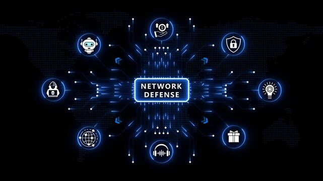 Network defense technology dashboard showcasing intelligent cyber protection systems, connected digital security networks, automated threat prevention and futuristic enterprise resilience 