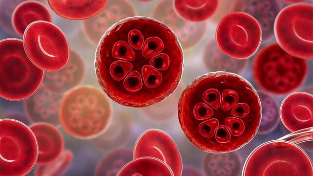 Plasmodium malariae schizont, 3D animation showing segmented intraerythrocytic stage with multiple merozoites arranged around central pigment within an infected red blood cell.